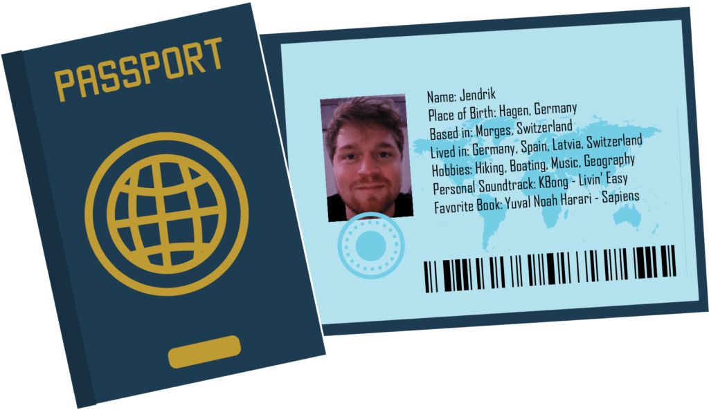 Symbolischer Reisepass mit Steckbrief und Foto von Jendrik Kettling